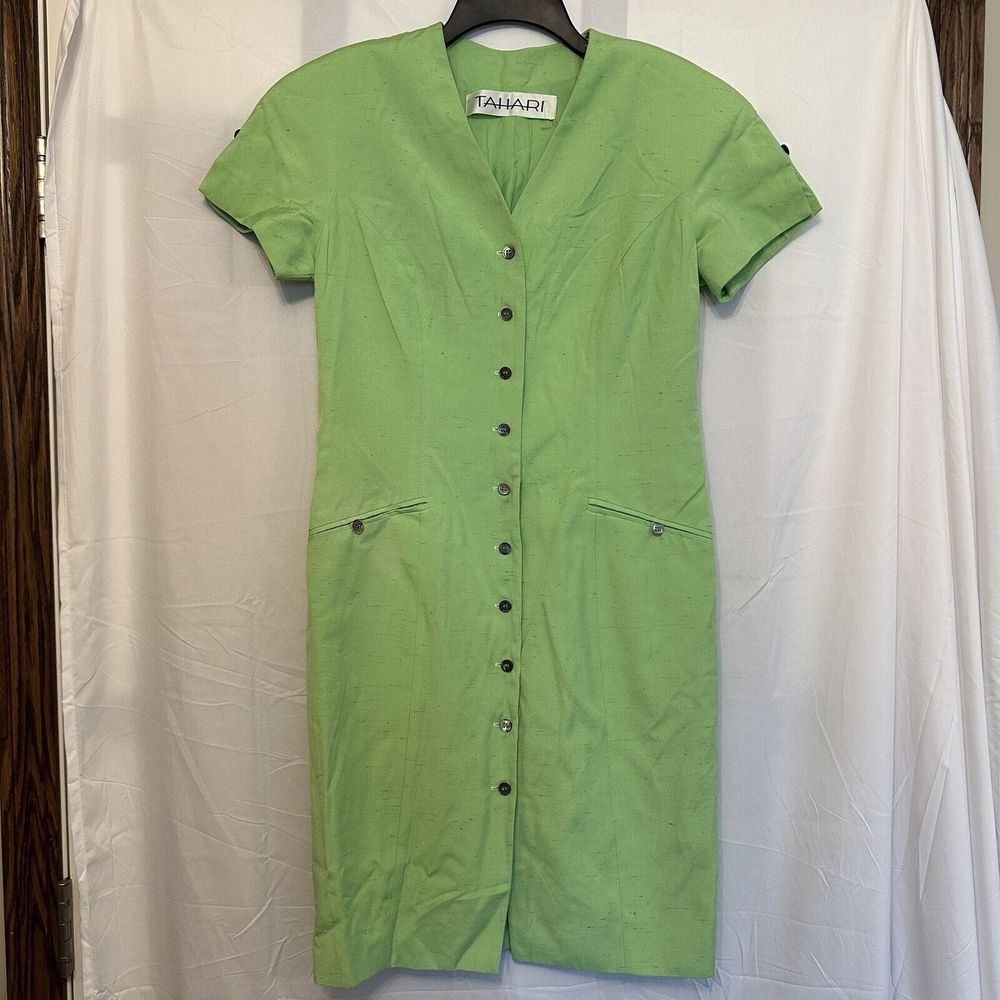 Tahari Rayon Silk Vintage Front Button Shirt Sheath Dress Green Sz 6 Made In USA